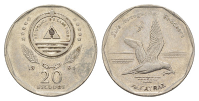 Кабо-Верде 20 эскудо 1994 Птицы - Бурая олуша (sula leucogaster) KM 30 сталь плакированная никелем 4641-1227
