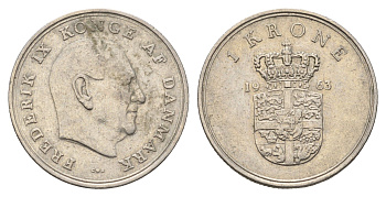 Дания 1 крона 1963 C; S, Фредерик IX (1947-1972) KM 851 медно-никель 4391-222