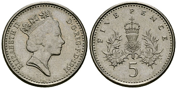 Великобритания 5 пенсов 1991 Елизавета II (1952-2022) KM 937b, Spink 4372 (D4) медно-никель 4173-1243
