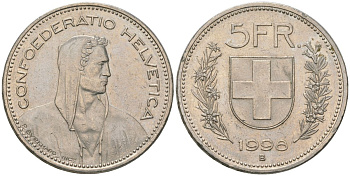 Швейцария 5 франков 1996 KM 40a медно-никель 4607-115