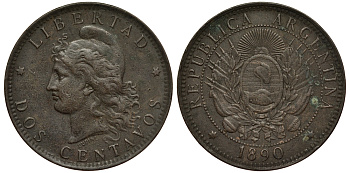 Аргентина 2 сентаво 1890 голова свободы влево KM 8 бронза 272-444
