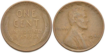 США 1 ЦЕНТ 1940 ЛИНКОЛЬН KM 132 бронза 218-367