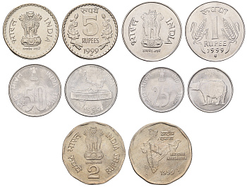 Индия набор из 5 монет (25 и 50 пайс; 1, 2 и 5 рупий) 1999 KM 54, 69, 92.2, 121.3 и 154.2 BU 4652-1022-1026