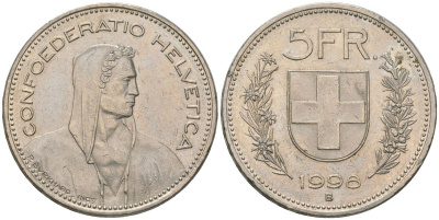 Швейцария 5 франков 1996 KM 40a медно-никель 4607-115