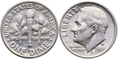 США 10 ЦЕНТОВ = 1 ДАЙМ 1988 P, РУЗВЕЛЬТ KM 195а медь плакированная медно-никелем 46-2424