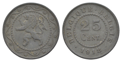 Бельгия 25 сантимов 1918 германская оккупация Первая мировая война, Альберт I (1909-1934) KM 82 цинк 4156-1026