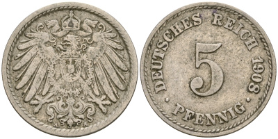 Германия 5 пфеннигов 1908 A KM 11, Jager 12, Weege 6 медно-никель 4364-4521