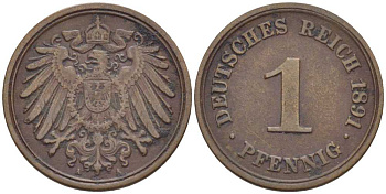 ГЕРМАНИЯ 1 ПФЕННИГ 1891 A KM 10, J. 10, Weege 2 медь 211-141