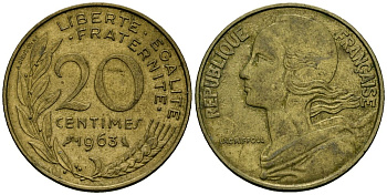Франция 20 сантимов 1963 тип Marianne KM 930 медь алюминий никель 4135-552