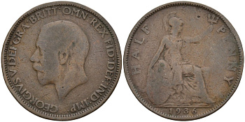 Великобритания 1/2 пенни 1936 Георг V (1910-1936) KM 837, Spink 4058 бронза 4143-716