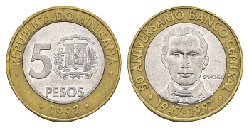 Доминиканская Республика (Доминикана) 5 песо 1997 50 лет Центробанку KM 88 биметалл 4638-257