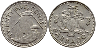 Барбадос 25 центов 1978 ветряная мельница Моргана Льюиса KM 13 медно-никель 4398-352