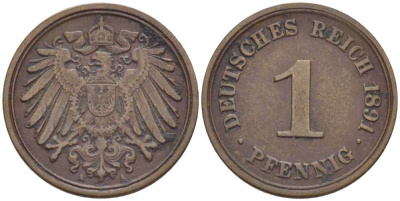 ГЕРМАНИЯ 1 ПФЕННИГ 1891 A KM 10, J. 10, Weege 2 медь 211-141