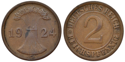 Германия 2 рейхспфеннига 1924 G KM 38, J. 314, Weege 4 бронза 4121-555