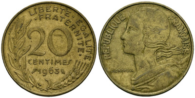 Франция 20 сантимов 1963 тип Marianne KM 930 медь алюминий никель 4135-552