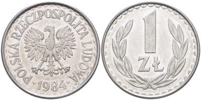 ПОЛЬША 1 ЗЛОТЫЙ 1984 MW KM 49.1, Parchimowicz 213w алюминий 216-841