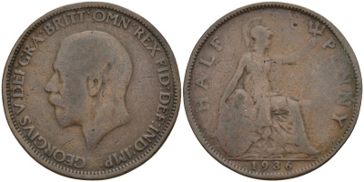 Великобритания 1/2 пенни 1936 Георг V (1910-1936) KM 837, Spink 4058 бронза 4143-716