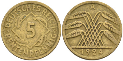 Германия 5 рентенпфеннигов 1924 А KM 32, J. 308 алюминиевая бронза    4594-1118