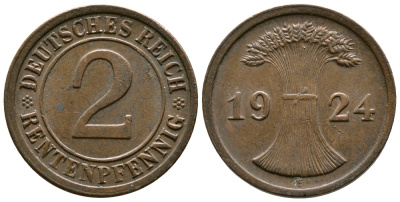 ГЕРМАНИЯ 2 РЕНТЕНПФЕННИГА 1924 E KM 31, J.307 бронза 86-1625