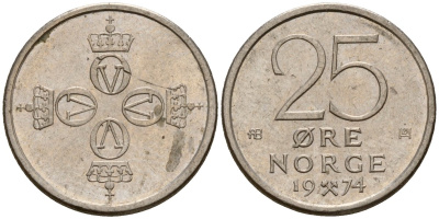 Норвегия 25 эре 1974 Улаф V (1958 - 1991) KM 417 медно-никель 4154-816