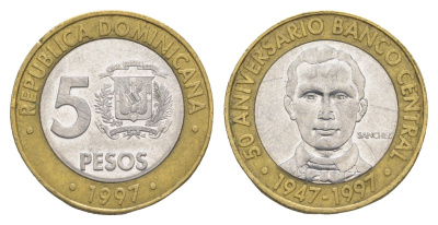 Доминиканская Республика (Доминикана) 5 песо 1997 50 лет Центробанку KM 88 биметалл 4638-257
