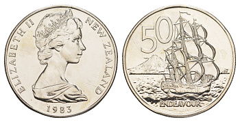 Новая Зеландия 50 центов 1983 Елизавета II (1952-2022), парусник Индевор, тираж 25.000 экземпляров KM 37 медно-никель BU 189-912