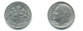 США 10 ЦЕНТОВ = 1 ДАЙМ 1966 РУЗВЕЛЬТ KM 195а медь плакированная медно-никелем 89-526