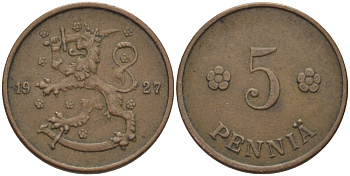 ФИНЛЯНДИЯ 5 ПЕННИ 1927 KM 22 медь 100-156