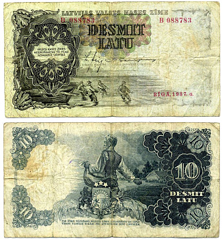 Латвия 10 латов 1937 ловля рыбы, сев полей Pick 29 a бумага 8616-7-2-1