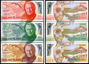 Фолклендские острова 5, 10 и 20 фунтов 1984 Чарльз III (2022- ) Pick 20, 21, 22  пластик  UNC (пресс) 451-1055-3