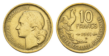 Франция 10 франков 1951 B, петух KM 915.2, Le Franc 363.5 алюминиевая бронза 4630-252