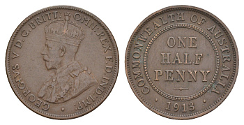 Австралия 1/2 пенни 1913 Георг V (1910-1936) KM 22 бронза 4654-942