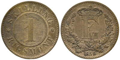 ДАНИЯ 1 СКИЛЛИНГ 1856 ФРЕДЕРИК VII (1848-1863) KM 763 (C135) бронза 67-223