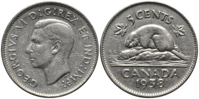 Канада 5 центов 1938 бобр, Георг VI (1937-1952) KM 33 никель 4577-851