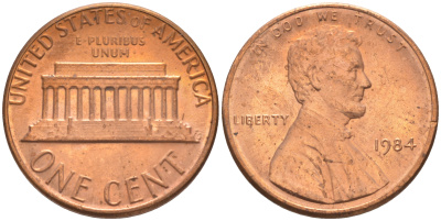 США 1 ЦЕНТ 1984 ЛИНКОЛЬН KM 201b цинк плакированный медью 188-229