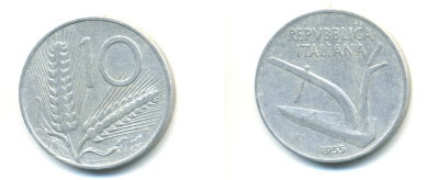 ИТАЛИЯ 10 ЛИР 1955 R, КОЛОСЬЯ, ПЛУГ KM 93 алюминий 80-213