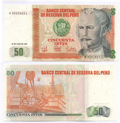 Перу 50 инти 1987 Николас де Пьерола, президент Pick 131 b бумага UNC (пресс) 8595-19-1-1