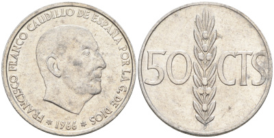 Испания 50 сентимо 1966 (67) Франциско Франко (1939-1975) KM 795 алюминий    4124-766