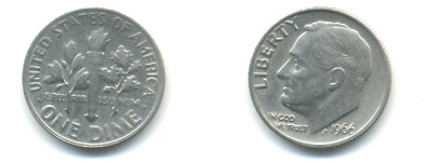 США 10 ЦЕНТОВ = 1 ДАЙМ 1966 РУЗВЕЛЬТ KM 195а медь плакированная медно-никелем 89-526