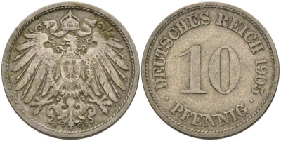 Германия 10 пфеннигов 1905 F KM 12, J. 13 медно-никель 4575-611