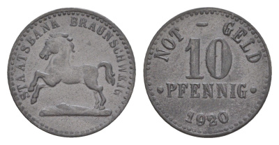 Брауншвейг 10 пфеннигов 1920 Funck 56.8, Men05 3477.2, Men18 4416.2 цинк 4636-954