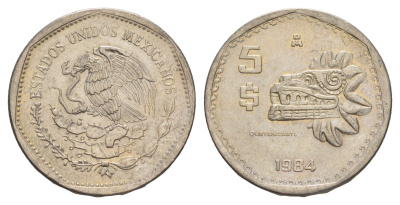 Мексика 5 песо 1984 Mo, редкий год KM 485 медно-никель UNC 4637-644