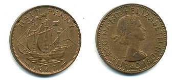 Великобритания 1/2 пенни 1967 Елизавета II (1952-2022) KM 896, Spink 4158 бронза 58-413