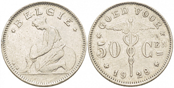 БЕЛЬГИЯ 50 САНТИМОВ 1928 BELGIE KM 88 никель 261-1159