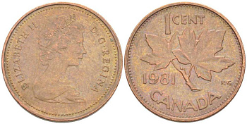 Канада 1 цент 1981 Елизавета II (1952-2022), кленовый лист KM 127 бронза 46-1149