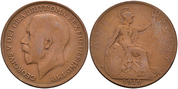 Великобритания 1 пенни 1919 Георг V (1910-1936) KM 810, Spink 4051 бронза 4593-212