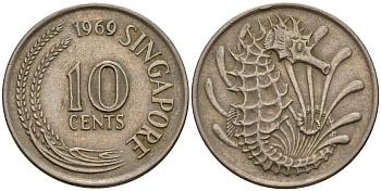 Сингапур 10 центов 1969 морской конек KM 3 медно-никель 4154-949