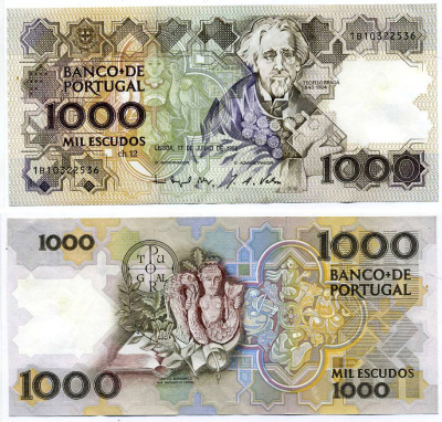 ПОРТУГАЛИЯ 1000 ЭСКУДО 1993 17 ИЮНЯ 1993, ТЕОФИЛУ БРАГА Pick 181j бумага XF- 7203-56-1