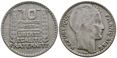 Франция 10 франков 1933 Пьер Тюрен KM 878, Le Franc 360.6 серебро 63-745
