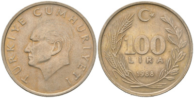 Турция 100 лир 1988 Кемаль Ататюрк KM 967 медь цинк никель 4619-753